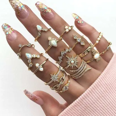 Fashion Geometric Flower Star Arrow Finger Ring Set ( 17 Pcs )